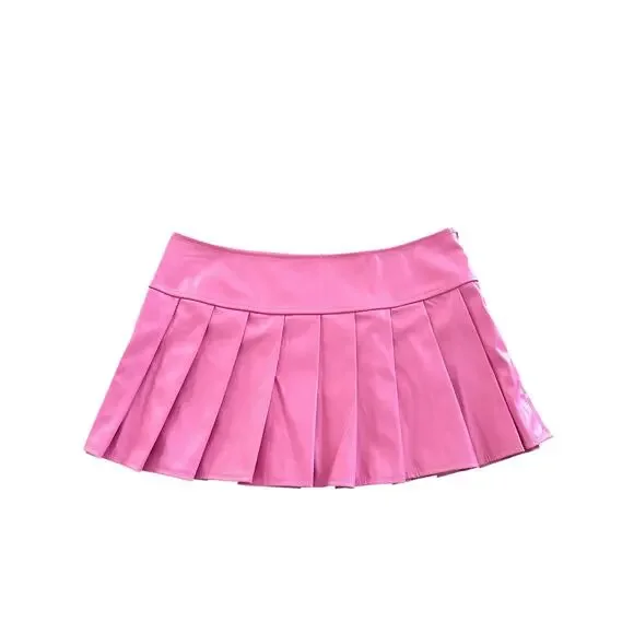 Women Pink Faux Leather Pleated Mini Skirts Size L - NWOT - Picture 2 of 8